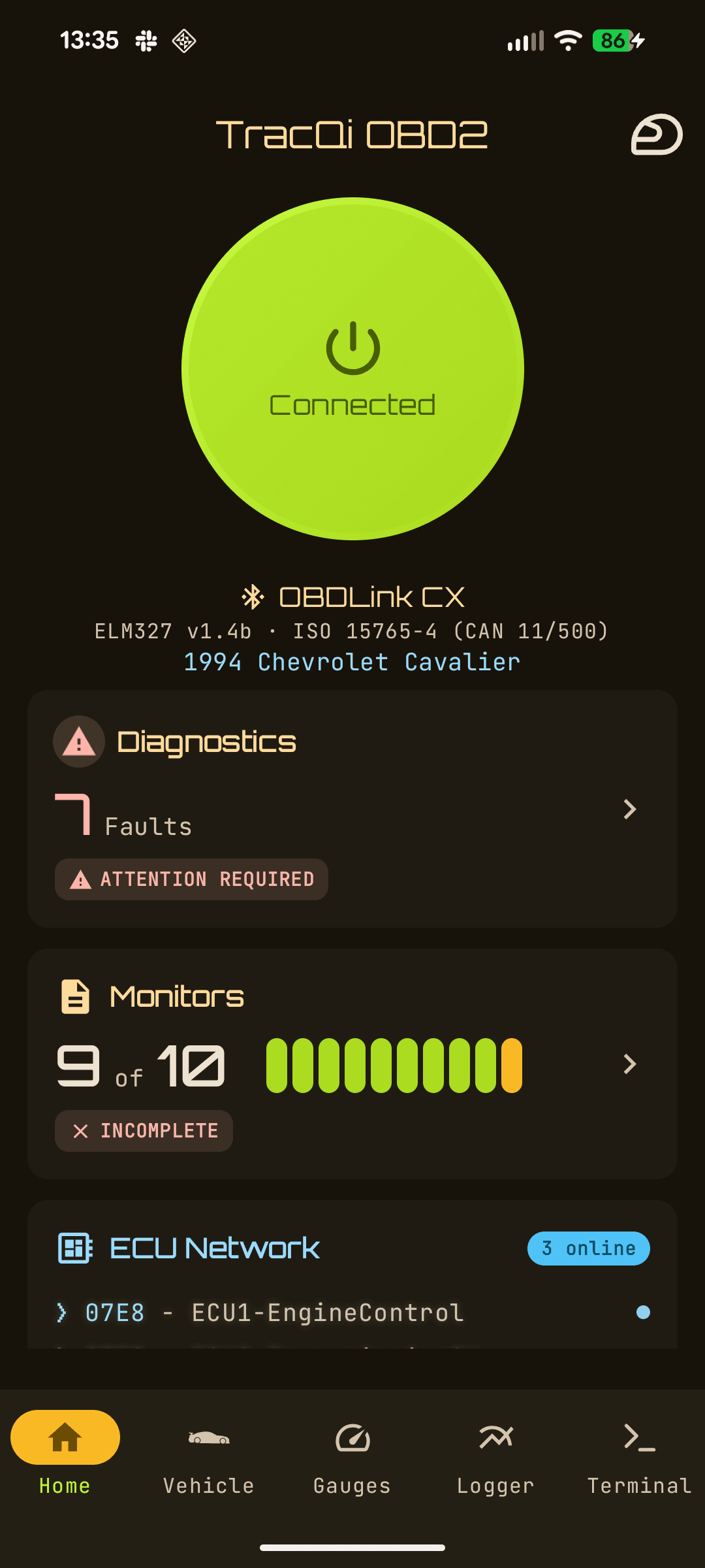 TracQi OBD2 connected home screen