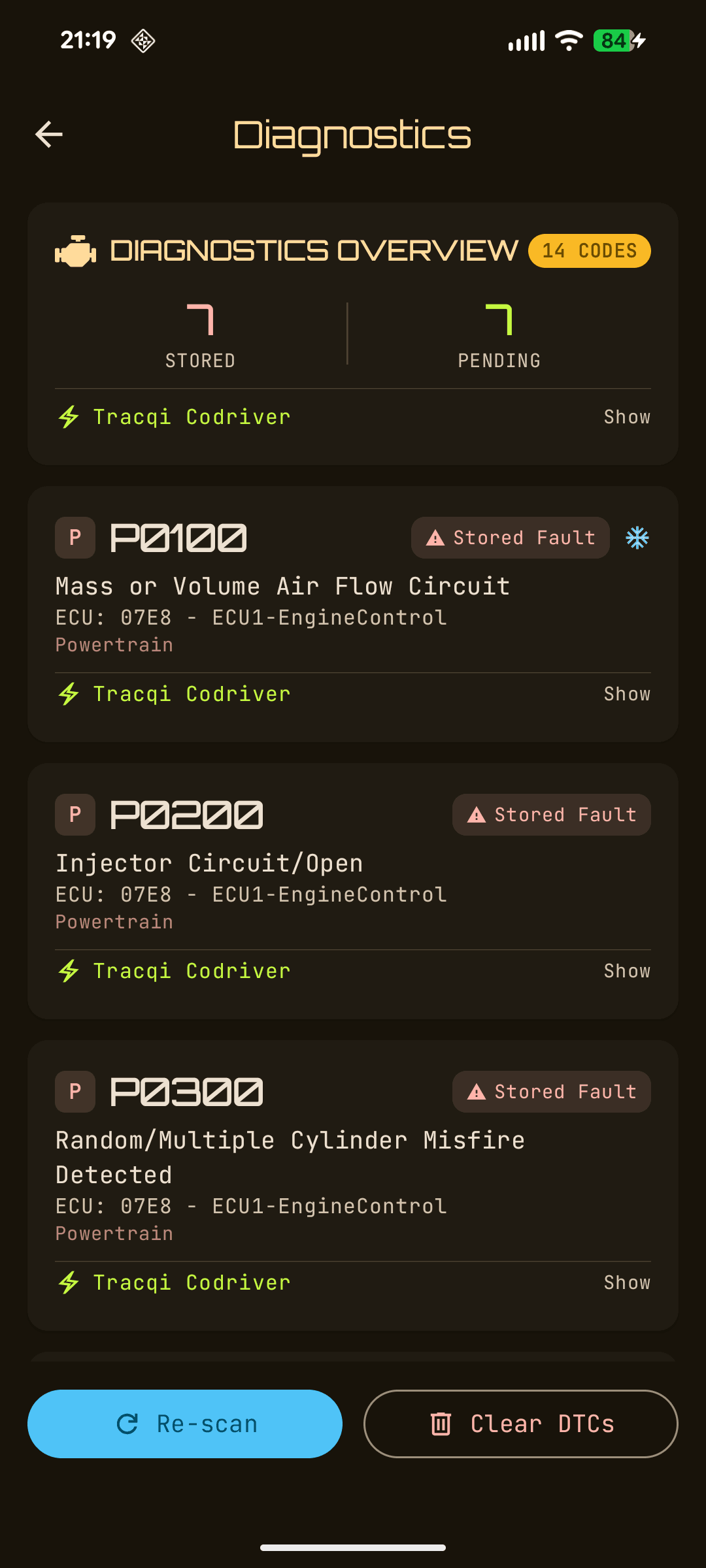 TracQi OBD2 diagnostics screen
