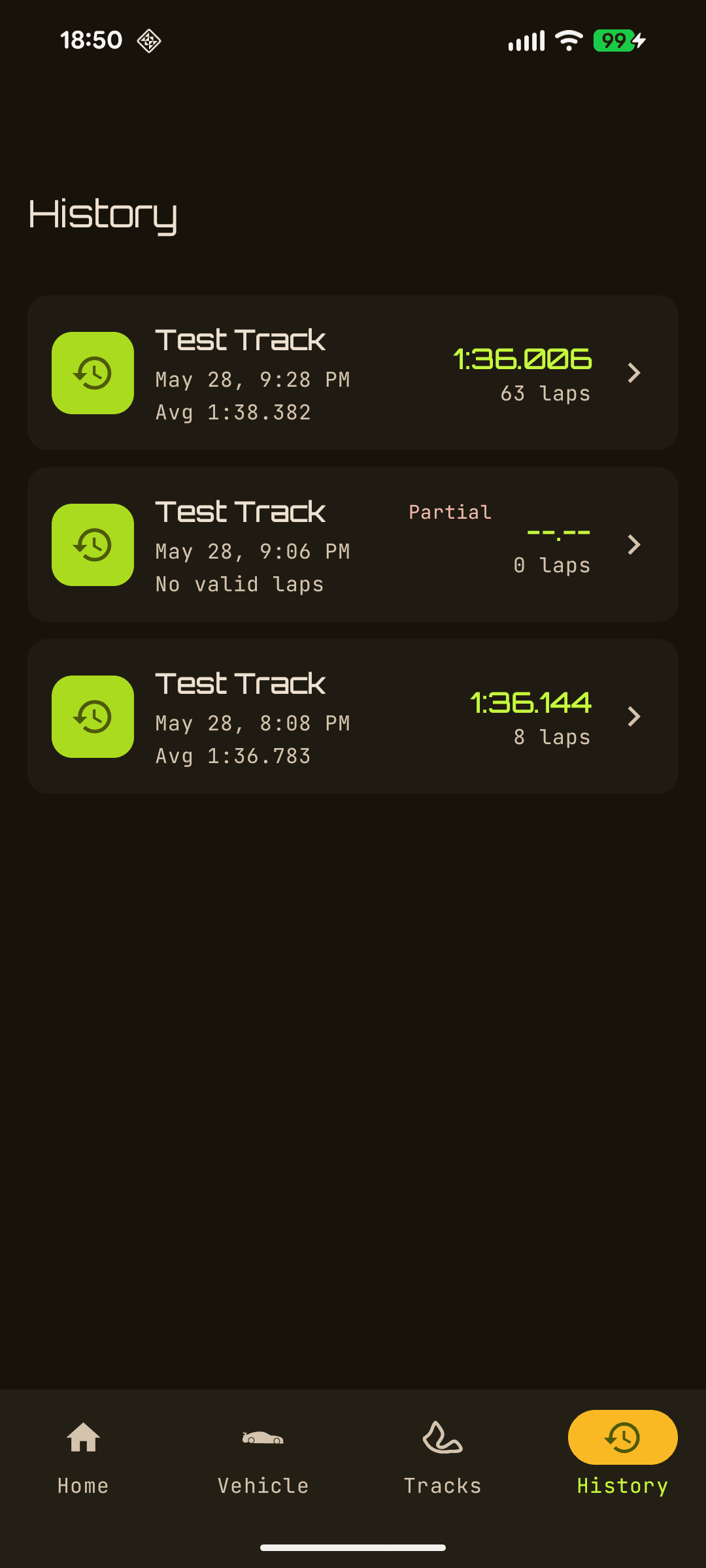 TrackStar session history and coaching